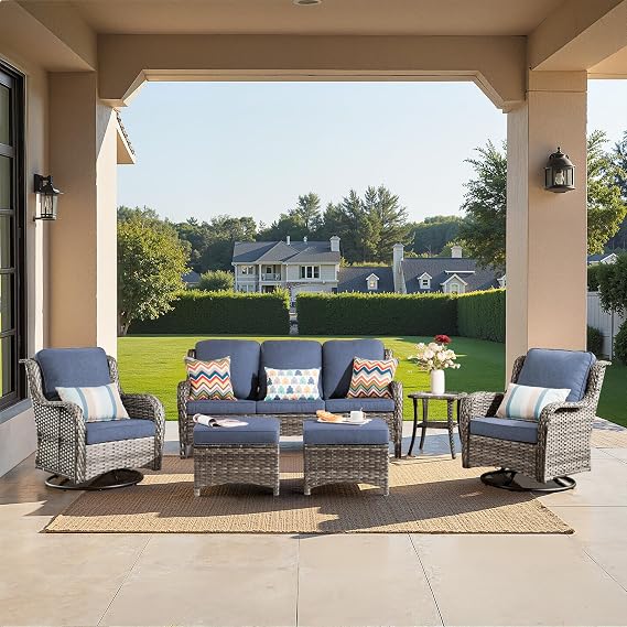 Outdoor Wicker Patio Furniture Set,6 PCS Conversation Sets Swivel Rocker Patio Chairs with Deep Seat,High Back Sofa with Thick Cushions Ottoman,Denim Blue
