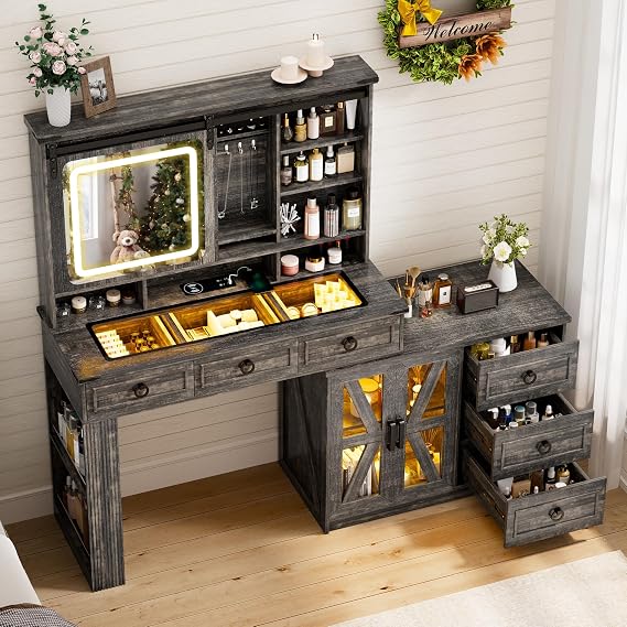 Lvifur Large Vanity Desk with Mirror & Lights & Big Space, Dark Rustic Oak