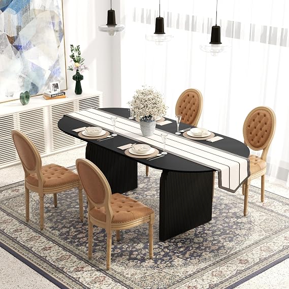 Modern Black Dining Table and Chairs Set, 70.1" Farmhouse Oval Dining Table with 4 Upholstered PU Leather Dining Chairs for Dining Room, Kitchen(Orange Chairs)