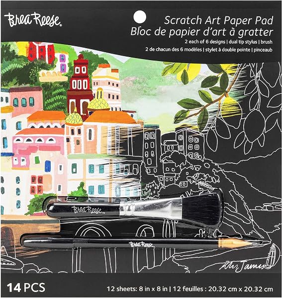 Brea Reese Scratch Art Paper Pad, Joyful Landscapes Metallic Guided Art | Includes 12 Easy-to-Frame 8x8 Pages, Dual-Tip Stylus and Brush for Adult Crafting, 6 Unique Pre-Printed Landscape Designs
