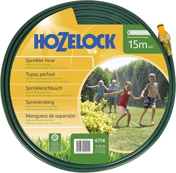 HOZELOCK - Flat Sprinkler Hose 15 m : Perforated Hose Producing a Fine Spray like a Sprinkler, for Watering Narrow, Long Surfaces (27 m2), Ready to Use [6756P0000]