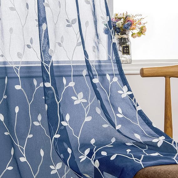2 Panels Embroidered Leaf Pattern Semi Sheer Curtains Foliage Floral Voile Window Draperies Treatment for Bedroom Living Room Rod Pocket Navy Blue 53 x 63 Inch
