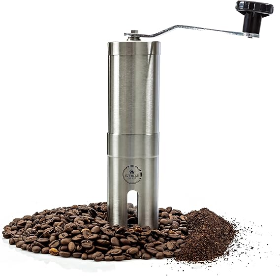 Hand Coffee Mill Grinder with Conical Ceramic Burr | Consistent Grind Every Time, Professional Grade, Stainless Steel, Lightweight and Portable, Heavy Duty Extra Long Hand Crank