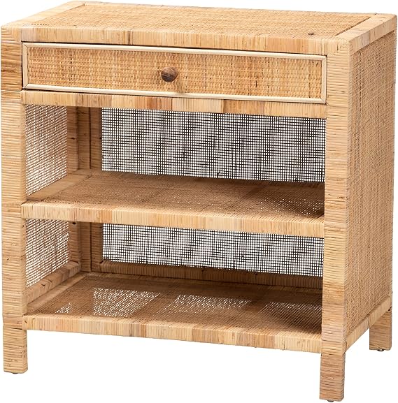 Bali & pari Bella Modern Bohemian Natural Mahogany Wood and Natural Rattan 1-Drawer Console Table