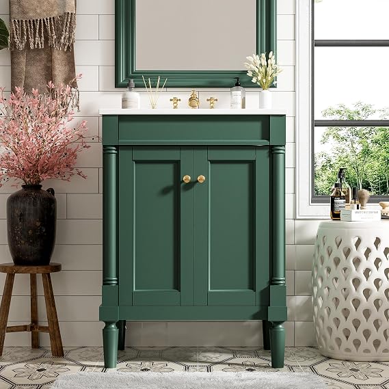 Merax 24 Inch Green Bathroom Vanity with Ceramic Sink & Intergrated Countertop,Vintage Bathroom Vanity with 2 Doors with Gold Knobs,Adjustable Shelf,Solid Wood Rome Pillar Legs