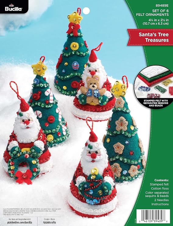 Bucilla Felt Ornaments Applique Kit Set of 6-Santa's Tree Treasures