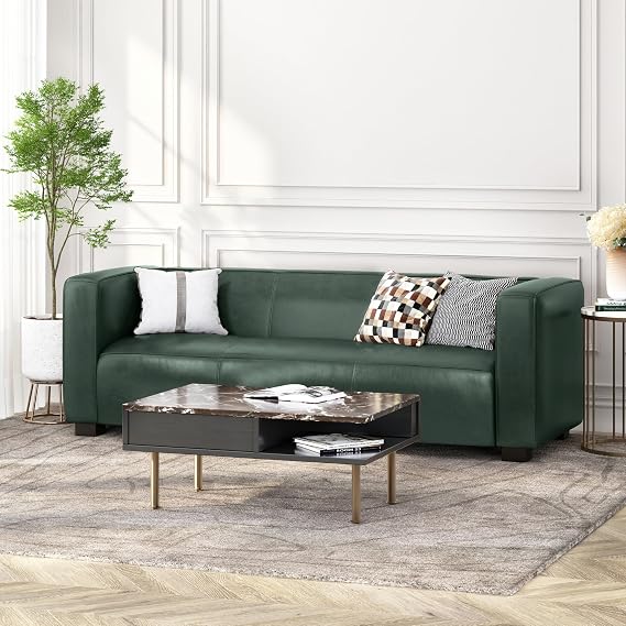 Christopher Knight Home Vevia Faux Leather Sofa, 3 Seater Couch, Upholstered Sofa, Large Lounge Chair, Birch Wood Legs Armchair, Classic Tuxedo Design Couch for Living Room Bedroom, Green