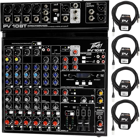 Package: Peavey PV 10BT PV10BT Pro Audio Mixer With 4 Mic In, Bluetooth, USB, Compressor/Effects and 3 Band EQ + (4) Peavey PV 20' XLR Female to Male Low Z Mic Cables