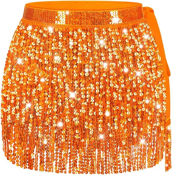 Sarfel Sequin Skirt for Women Sparkly Skirt for Women Shiny Tassel Skirts Glitter Belly Dance Hip Scarf Rave Outfit Halloween