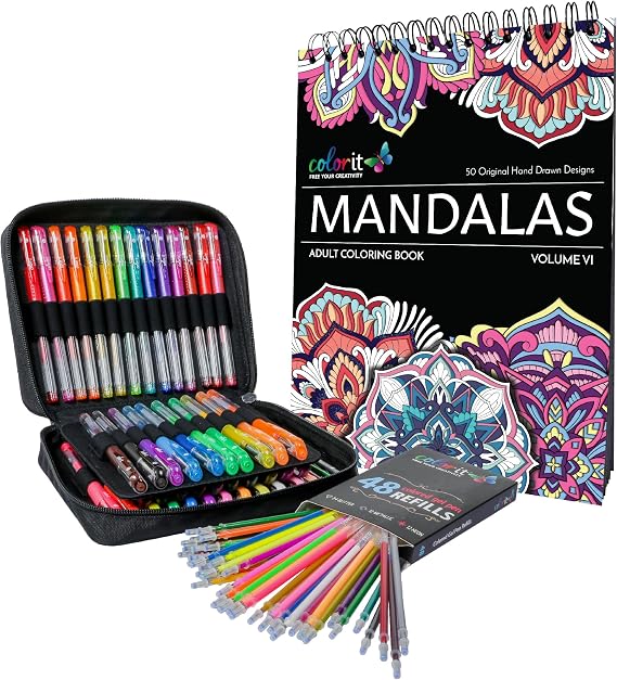 ColorIt Glitter Gel Pens For Adult Coloring Books 96 Pack With Mandalas Volume VI,