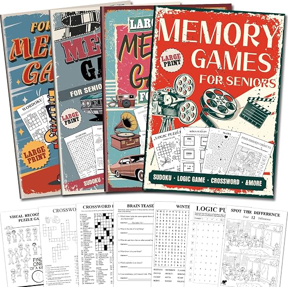 Elfew 4Pack Large Print Activity Books for Seniors, 150+Brain & Memory Game | 16 Types of Puzzles, Variety Relaxing Easy Brain Games for Adult, Dementia Activities