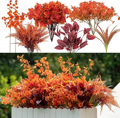 17 Bundles Artificial Fall Flowers for Outdoor Faux Fall Orchid Mums Flowers for Outside Garden Yard Window Thanksgiving Autumn Decor Fall Decorations for Home