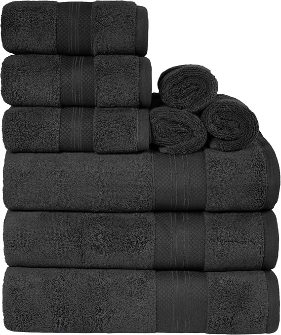 Superior Turkish Cotton 9-Piece Towel Set, 3 Bath, 3 Hand, 3 Face Towels for Home, Bathroom Essentials, Hotel, Resort, Spa, Shower, Adult, Kids, Airbnb, Plush, Soft, Apartment, Black