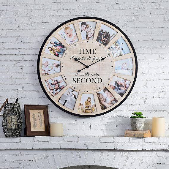 12 Picture Frames Collage Wall Clock, Vintage Rustic Family Photo Clock, Large Farmhouse Wall Clocks for Living Room, Home, Kitchen, Silent Battery Operated 24 Inch Natural