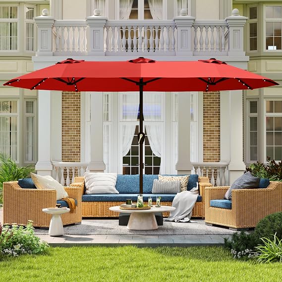 13ft Large Rectangle Patio Umbrella with 36 Solar LED Lights,Double-Sided Outdoor Market Umbrella with Base Included,Oversized Umbrella for Deck,Garden,Pool,Backyard(Orange)