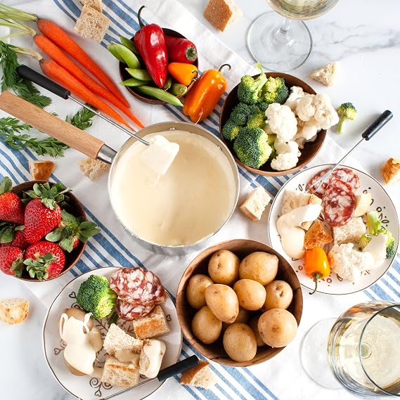Fondue Swiss Cheese Set in Gift Box - Including Our Chefs Fondue Recipe - Bending the distinct flavors of three classic melting cheeses: Emmentaler, Gruyere, and Appenzeller Cheeses