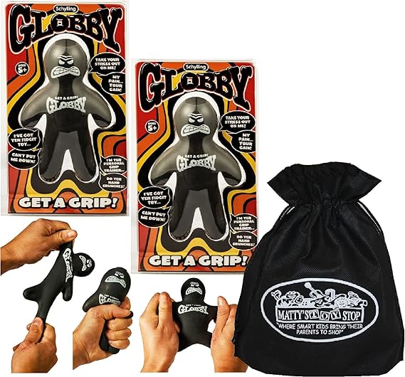 Schylling Globby Guy (Get A Grip & Stretch to Remove Stress) Gift Set Bundle with Exclusive Matty's Toy Stop Storage Bag - 2 Pack