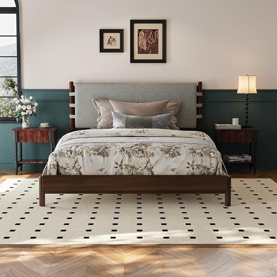 Christopher Knight Home Roach Mid Century Modern Rubber Wood Queen Bed Frame with Headboard, Upholstered Platform Bed Frame Queen Size, Easy Assembly, No Box Spring Needed, Light Gray + Walnut