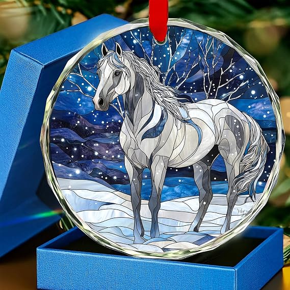 White Horse Glass Ornament Horses Gifts with Ribbons & Gift Box, Holiday Farmhouse Gifts for Women Men, Equestrian Gift for Women Horse Lovers Girls Cowgirls, Horses Xmas Decor Ornament Exchange Ideas