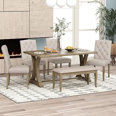 Bellemave 6-Piece Dining Table Set with Bench for 6 Rectangular Kitchen Table Set with 4 Chairs Retro Dining Room Table and Chairs with Bench for Kitchen, Dining Room Natural Wood WashWhite