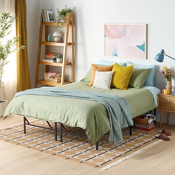 Amazon Basics Bed Frame with Storage, Foldable Metal Platform, Sturdy Steel, No Box Spring Needed, 14-inch High, Tool-Free Setup, Noise Free, Easy Assembly, Queen Size, Black