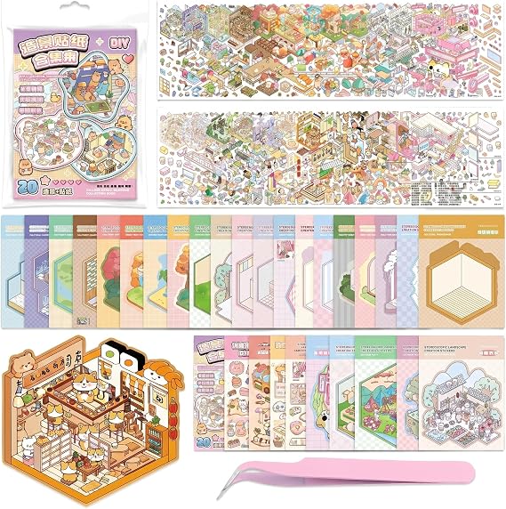 20 Sets DIY 3D Scene Sticker Book for Adults with Tweezers, 3D House Stickers Kit, Make Your Own Supermarket Restaurant Arcade Scene Stickers