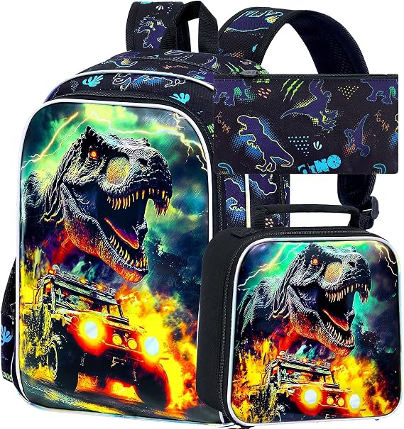 KLFVB 3PCS Kids Dinosaur Bookbag Set, Water Resistant 16 Inch Boys Backpack with Lunch Box for Preschool & Elementary - Off-Road Dinosaur