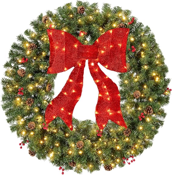 Best Choice Products 36in Pre-Lit Christmas Wreath w/Berries & Pinecones, Large Artificial Indoor/Outdoor Decor for Door, Mantel w/Red Bow, Plug-in