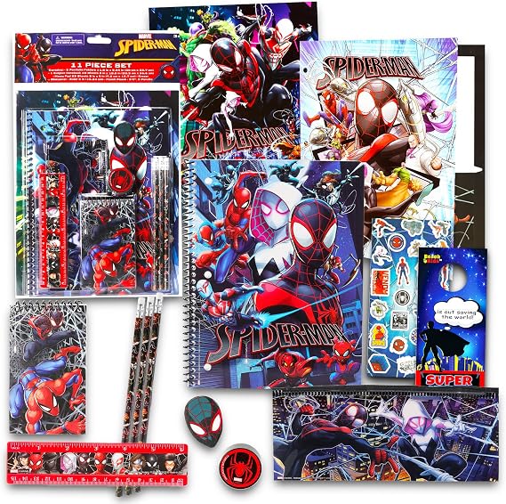 Spiderman School Supplies for Boys Bundle w Notebook, Folder, Pencils, More | 11Pc Spider Man Back to School Essentials, Elementary Classroom Must Haves for Stationery, Organization Plus Stickers, More