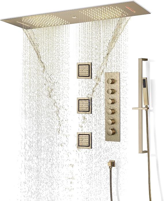 36 Inch Flushed Ceiling Mount Rainfall Waterfall Water Column 64 LED Light Bluetooth Music Shower Head 5 Way Thermostatic Shower Faucet Set with Body Jets and Touch Panel (Brushed Gold)