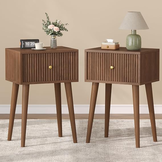 Akxomel Small Nightstand Set 2 Fluted Wooden Nightstands Wood Legs Walnut | Bedside Table with Storage Drawer, Modern Mid-Century End Side Table with Solid Wood Legs, for Bedroom, Office, Small Space