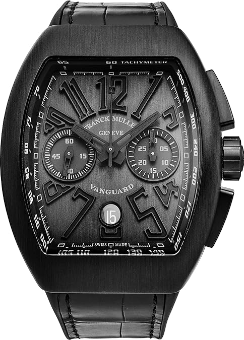 Franck Muller Vanguard Mens Titanium Swiss Automatic Chronograph Watch - Tonneau Black Face with Luminous Hands, Tachymeter, Date and Sapphire Crystal - Black Leather/Rubber Strap V 45 CC DT AC BR NR