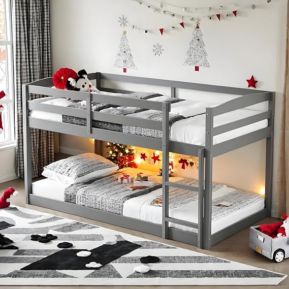PVWIIK Bunk Bed Twin Over Twin with Ladder & Safety Guard Rails,Solid Wood Bunk Bed Frame for Kids,No Box Spring Needed, Grey