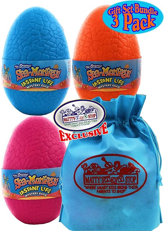 Matty's Toy Stop Schylling Sea-Monkeys Instant Life Mystery Eggs Blue, Pink & Orange Gift Set Bundle with Bonus Storage Bag - 3 Pack
