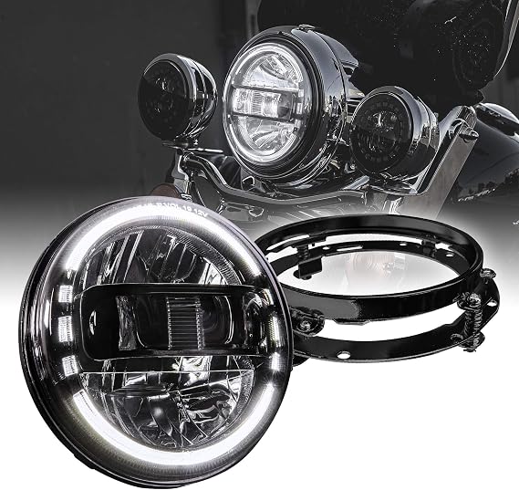 7" LED Headlight/4.5" Passing Light for Harley Davidson + Mounting Bracket [DOT Approved] [Black-Finish] [HALO DRL] [H4 Adapters] For Touring Dyna Electra Glide Road King Softail Fatboy Road Glide