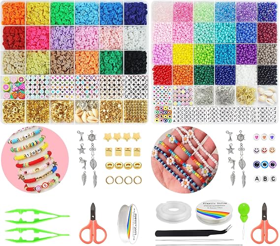 Redtwo 5100 Clay Beads with 3400pcs Glass Seed Bead for Bracelet Making Kit, Bead for Friendship Jewelry Making,Polymer Heishi Beads with Charms Gifts for Teen Girls Crafts for Girls Ages 8-12