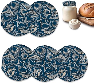 Beach Shells Starfish Coral Sourdough Starter Cloth Covers, Kombucha and Kefir Fabric Lids, Gifts for Women Bakers, Fits 3-4 Inch Mouths, 5-Pack