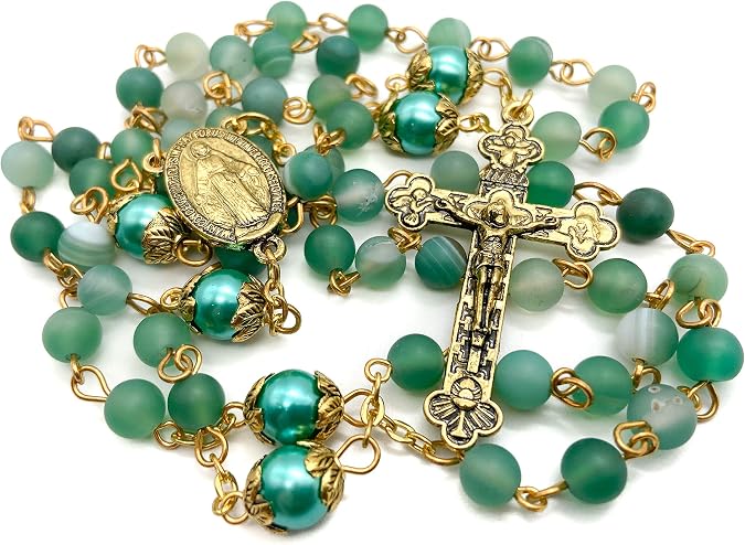 Nazareth Store Catholic Rosary Necklace Matte Stone Beads Green Pearl Round Beads Miraculous Medal & Cross - Velvet Bag