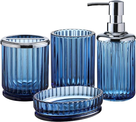 4PCs Heavy Weight Decent Blue Glass Bathroom Accessories Set with Decorative Pressed Pattern - Includes Hand Soap Dispenser & Tumbler & Soap Dish & Toothbrush Holder (Cobalt Blue)