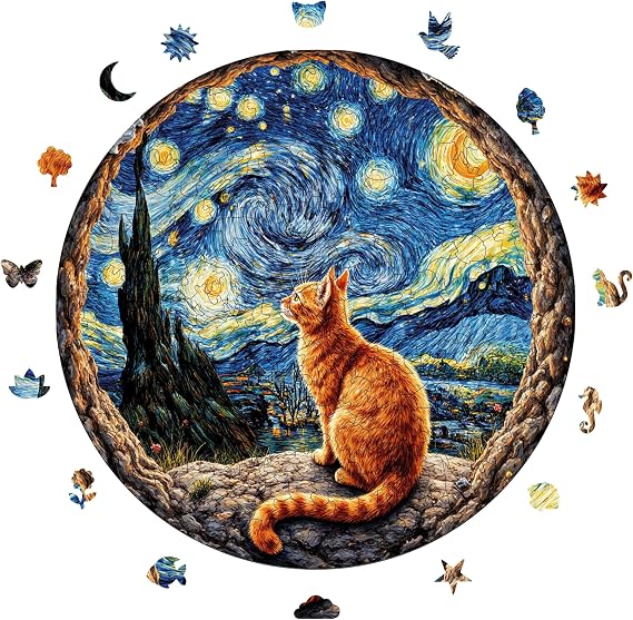 Ahşap Puzzle Yetişkin - Yıldızlı Gecenin Altındaki Kedi - 252 Parça, 29 x 29 cm - Yapıştırıcı Folyo Dahil - Benzersiz Şekilli Parçalar & Özel Figürler - A1-14