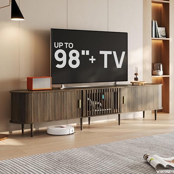 94.5" Fluted Mid Century Modern TV Stand for TVs Up to 98", Walnut | Tambour Sliding Doors, Entertainment Center with Storage&LED, Curved Media&TV Console, Long TV Stands for Living Room