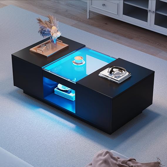Merax LED Coffee Table, Modern Coffee Table with Storage, Stylish and Innovative Coffee Tables for Living Room with 2 Tiers and 2 Drawers, Tempered