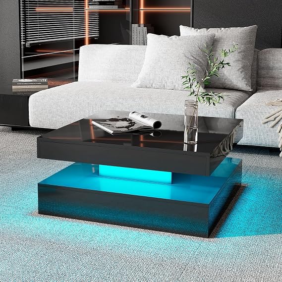 HedoAjim Black LED Coffee Table for Living Room, Living Room Table 2-Tier Square Center Tables, Wood Coffee Tables with Storage, Tea Table for Dining Reception Room