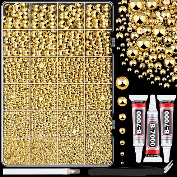 11000Pcs Flatback Pearls for Crafting (Gold), Assorted Size 2/3/4/5/6/8/10mm Half Pearl with 3Pcs 10ml B7000 Jewelry Glue, Bedazzling Bead for DIY Crafts Clothing Tumblers Shoes Embellishment Nail Art