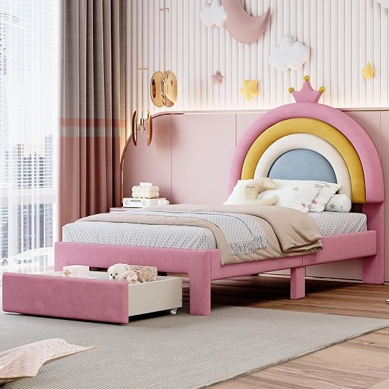 Bellemave Rainbow Twin Size Princess Bed with Storage Drawers for Girls,Cute Twin Size Bed Frame for Kids Girls,Velvet Upholstered Bed Frame, Colorful&Pink