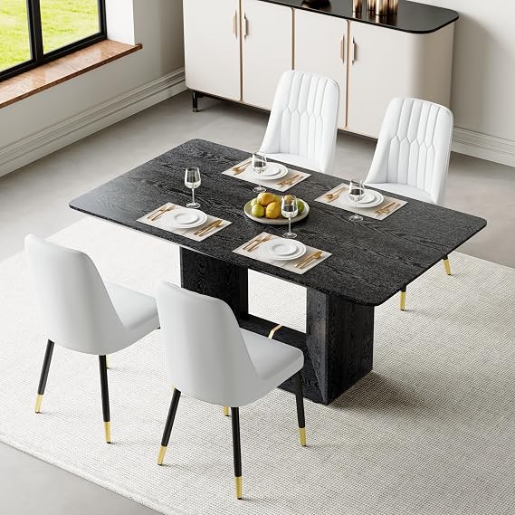 Black Dining Table Set for 4,63'' Modern Dining Room Table Set with Faux Leather Chairs,Black Wood Grain Table and U-shaped Base,5 Piece Kitchen Table Chairs Set for Family Meals,Cozy Dining Spaces