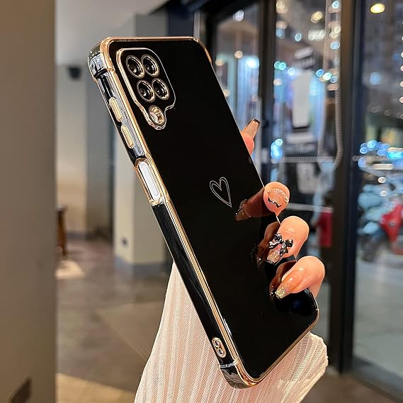 ZTOFERA Designed for Samsung Galaxy A12 Case,Cute Plating Edge Love Hearts Pattern with Camera Lens Protection Phone Cover for Girls Women,Black