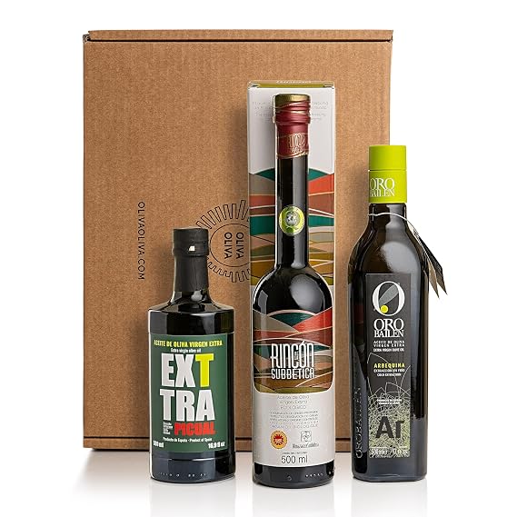 Award-Winning Extra Virgin Olive Oil Gift Set 3 Gold Medal EVOOs from NYIOOC Rincon de la Subbetica, Oro Bailen Arbequina & EXTTRA Picual Gourmet Gift Box with Award-Winning Collection Card Included (3 x 16.9 fl oz)