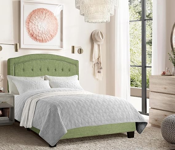 Rosevera Layla Panel Bed Frame with Adjustable Button-Tufted Headboard for Bedroom/Linen Upholstered/Wood Slat Support/Easy Assembly,Queen,Avacado