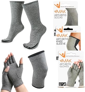 IMAK Brownmed Arthritis Relief Bundle Compression Arthritis Gloves, Knee Sleeve & Socks - Arthritis & Circulation Support - Gloves Size Medium, Knee Sleeve Size Medium, Socks Size Medium